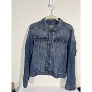 Hollister Women Large Distressed‎ Denim Trucker Jean Jacket E1
